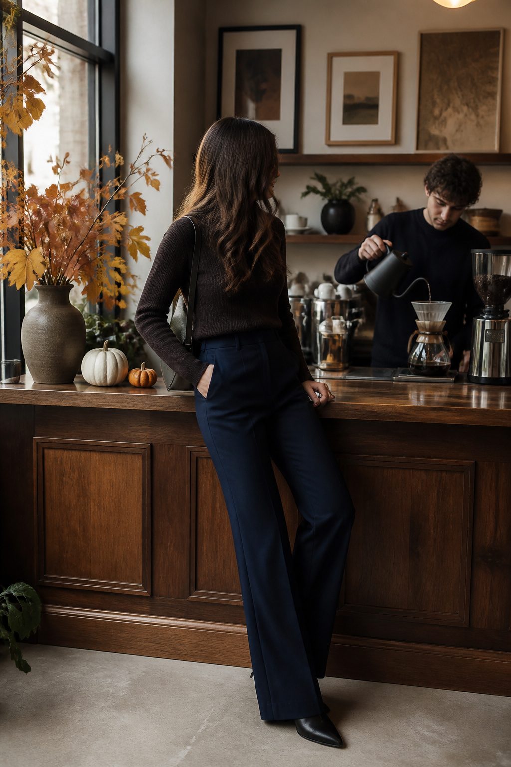 16 Fall Outfit Ideas to Build Your 2026 Wardrobe 7 Model in navy tailored trousers and a turtleneck in a coffee shop.