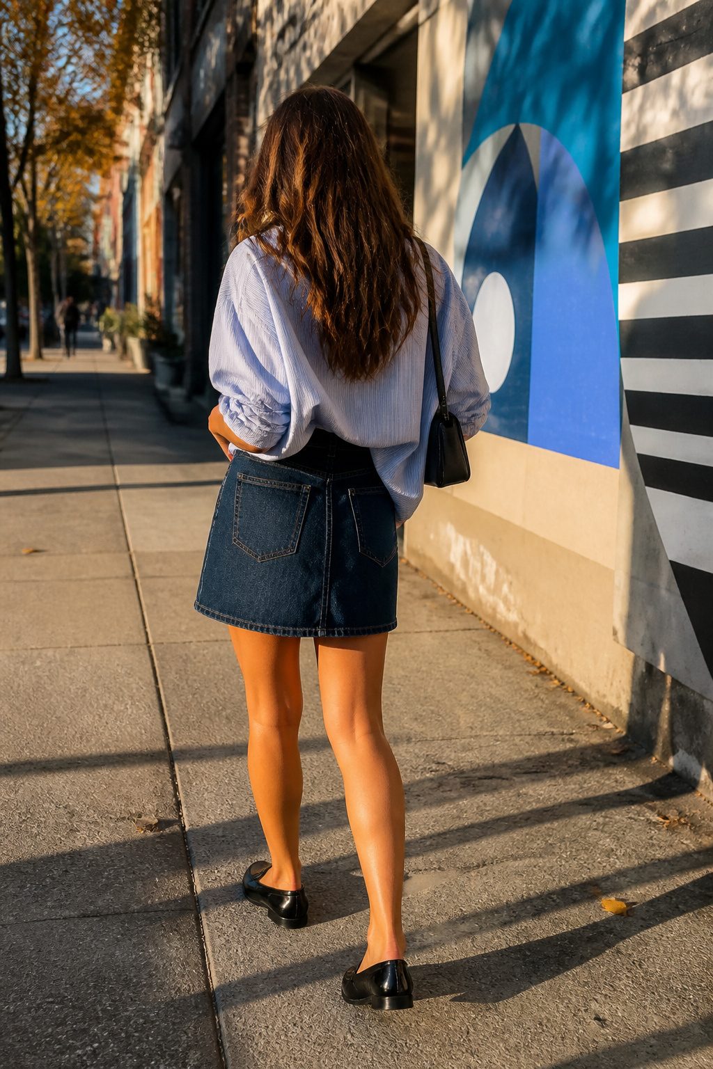 10 Fall Skirt Outfit Ideas for 2026 2 Model in an oversized button-up and a denim mini skirt.