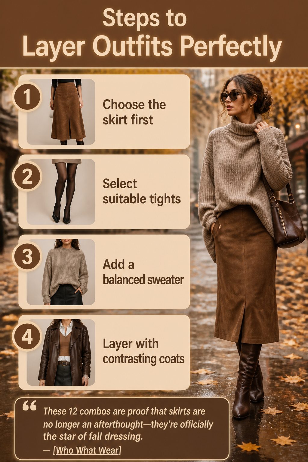 10 Fall Skirt Outfit Ideas for 2026 11 Information image detailing how to layer outfits with tights and sweaters.