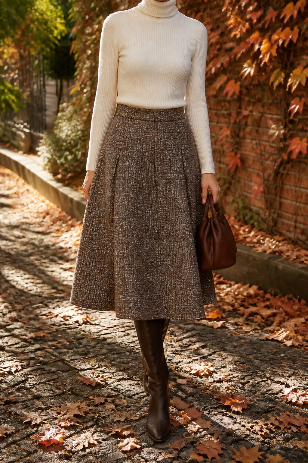 10 Fall Skirt Outfit Ideas for 2026 12 Model in a tweed midi skirt and turtleneck on a city street.