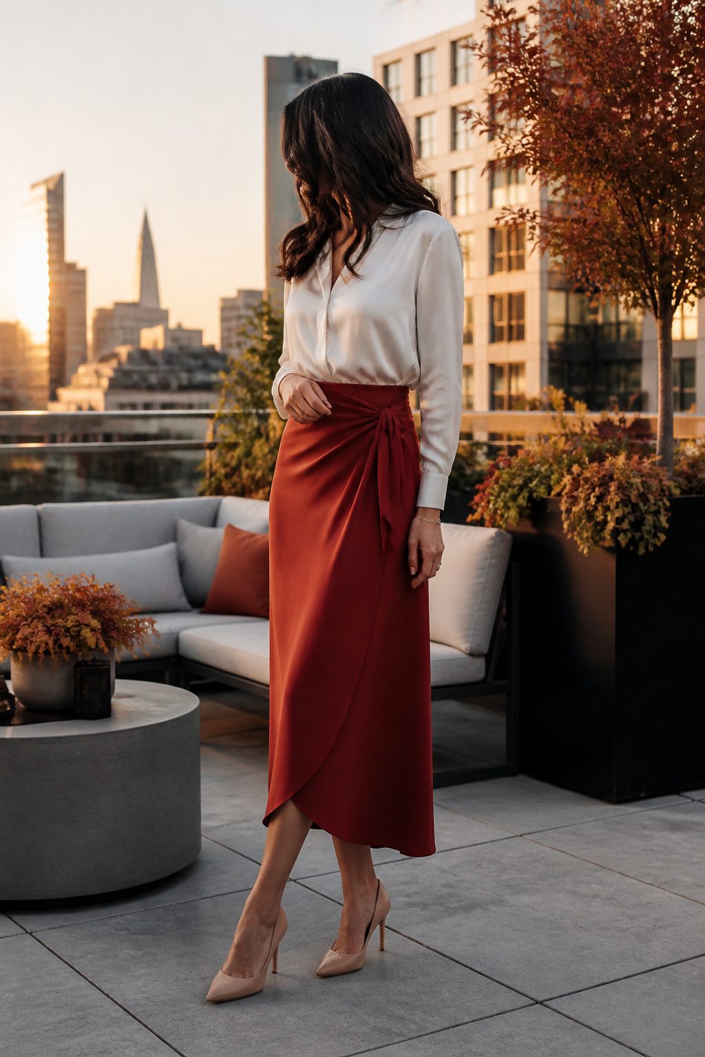 10 Fall Skirt Outfit Ideas for 2026 7 Model in a wrap skirt and blouse on a rooftop garden.