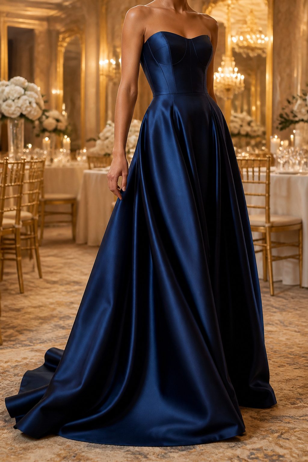 A formal maxi dress with a sophisticated design on a mannequin.
