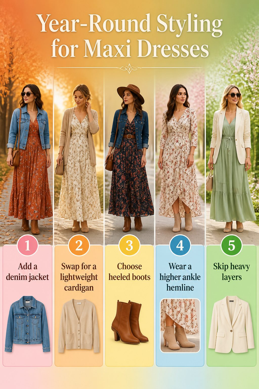 A maxi dress paired with a denim jacket for a fall look.