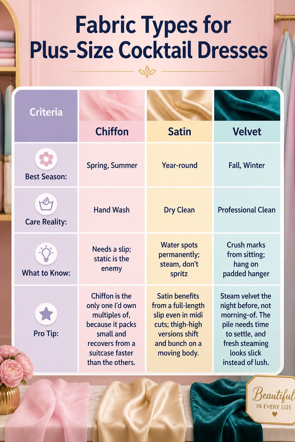 An informative image detailing fabric types for cocktail dresses.