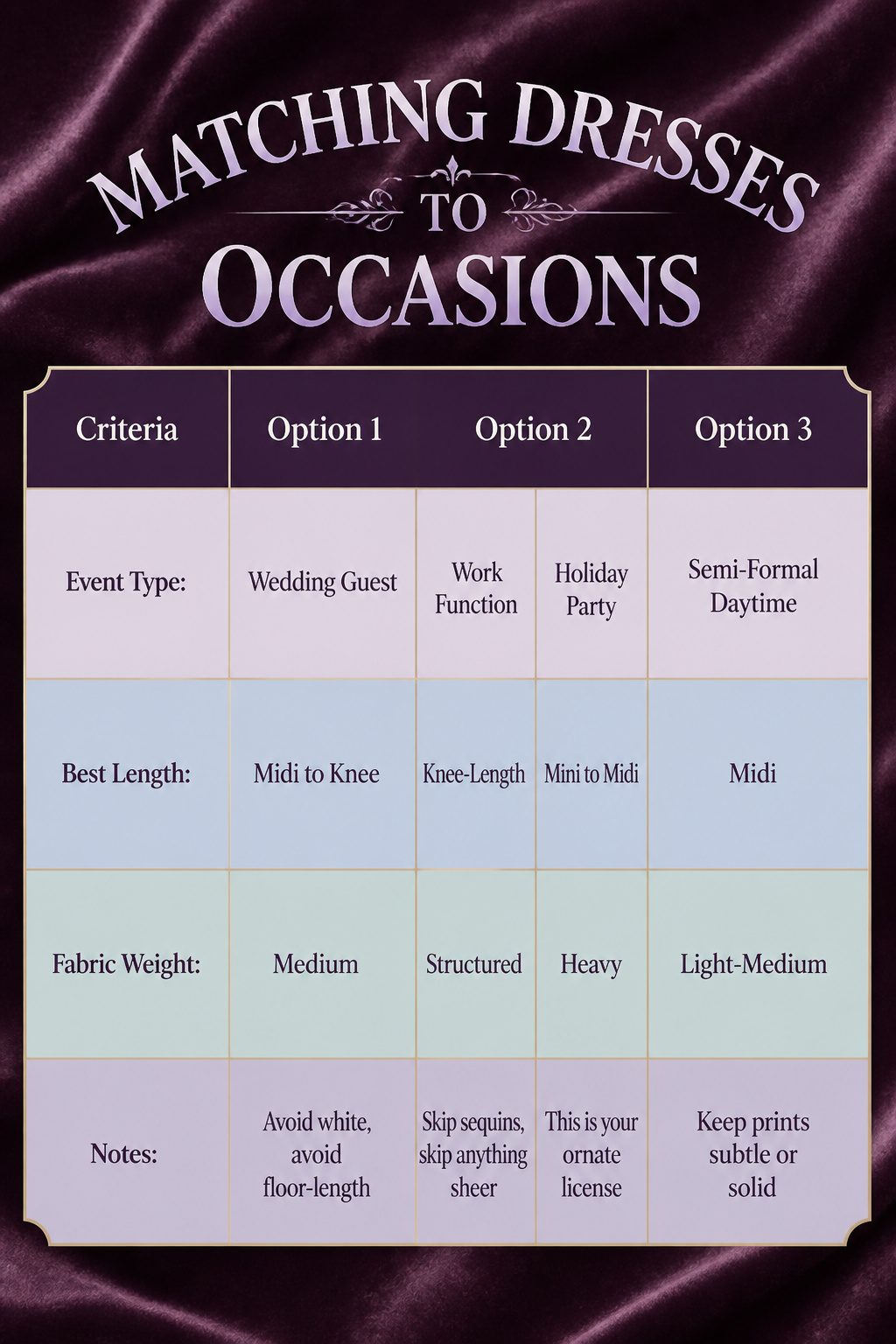 An image showing how to match dresses to various occasions.