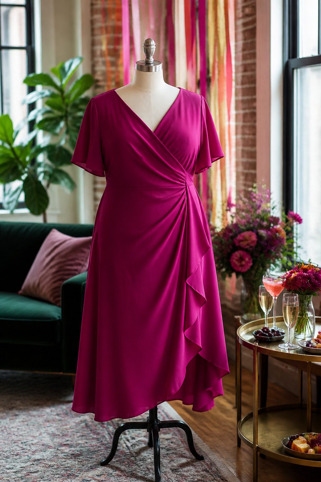 A plus size chic party dress displayed in a cozy living room setting.