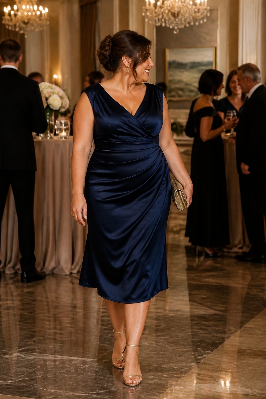 A model in a plus size elegant cocktail dress in a ballroom.