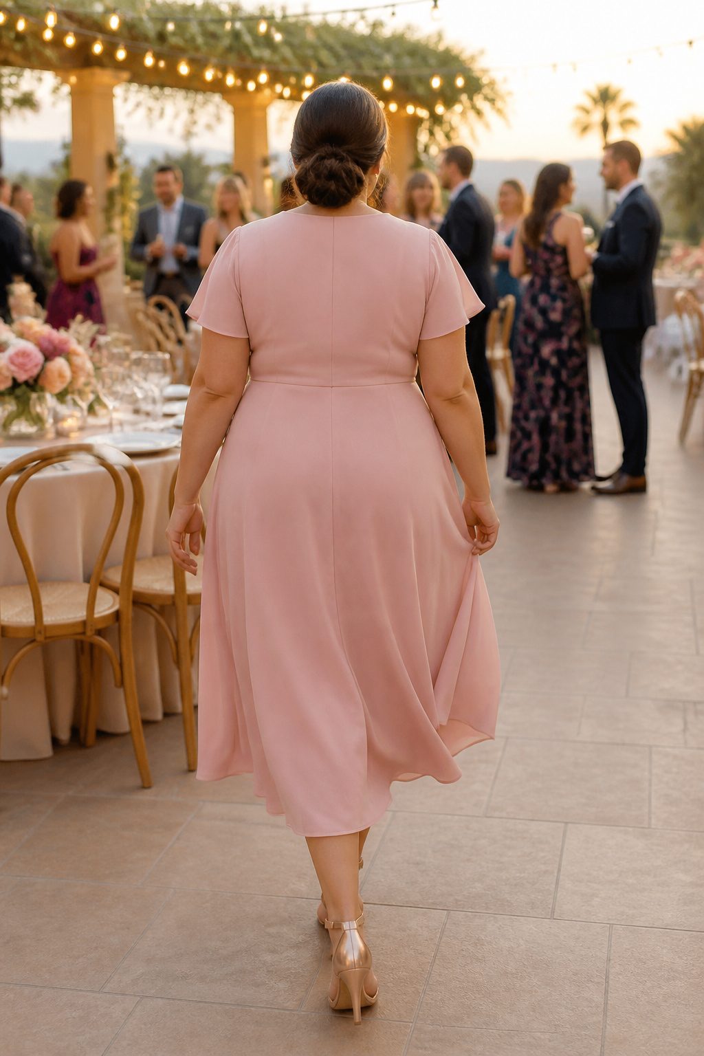 A model in a plus size midi cocktail dress walking in an outdoor venue.