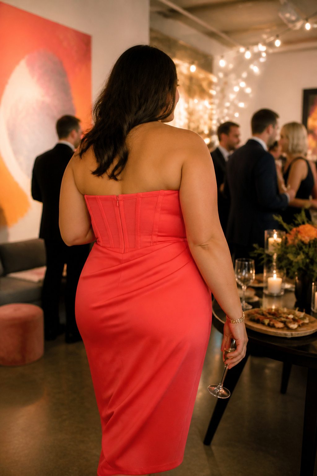A model in a plus size strapless cocktail dress at a chic party setting.