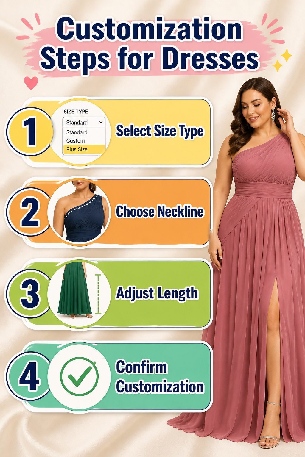 Plus Size Formal Dresses: 6 Styles for Evening & Occasion Wear 9 An information image outlining customization steps for dresses.