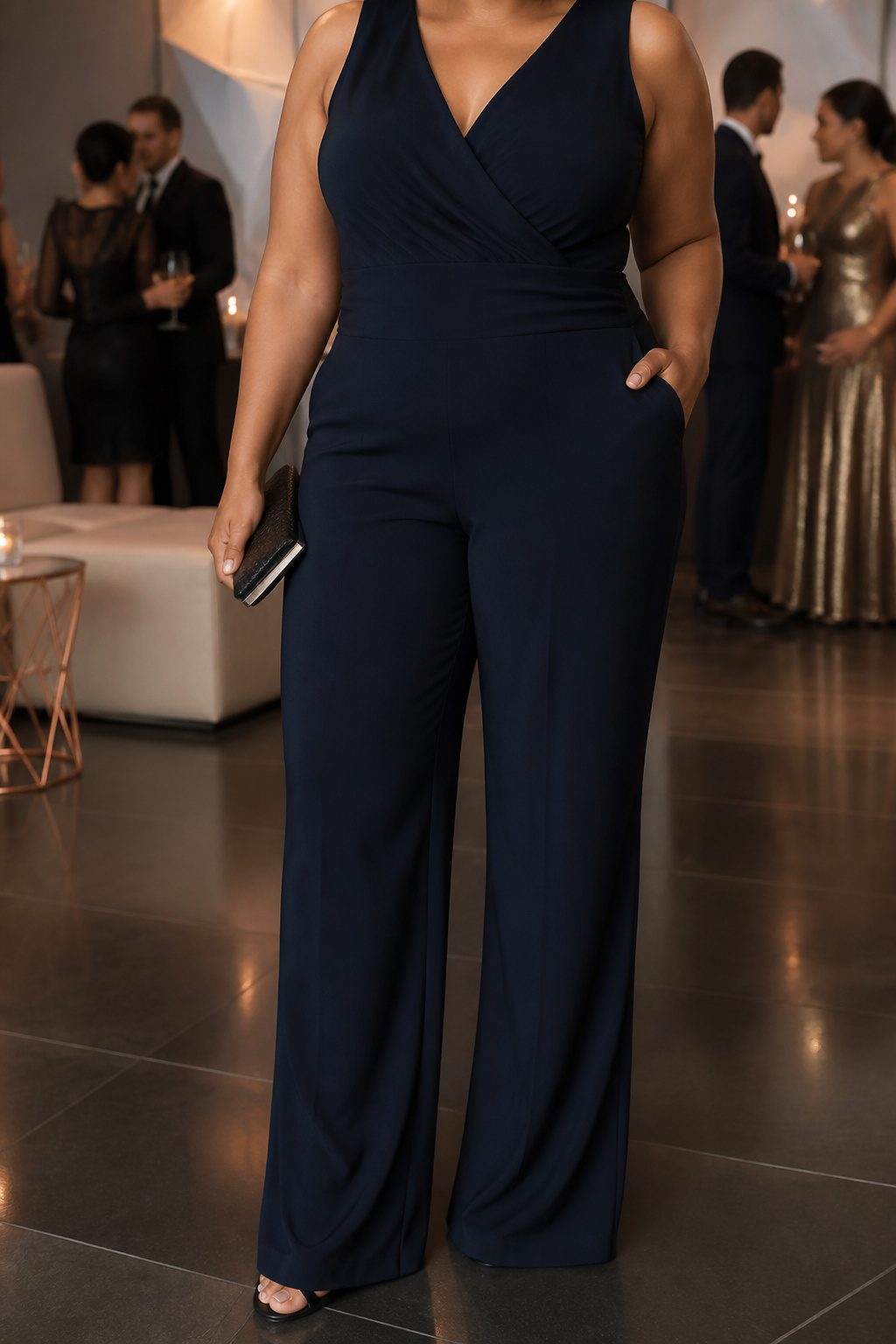Plus Size Formal Dresses: 6 Styles for Evening & Occasion Wear 5 A plus size midnight navy crepe jumpsuit displayed on a mannequin.