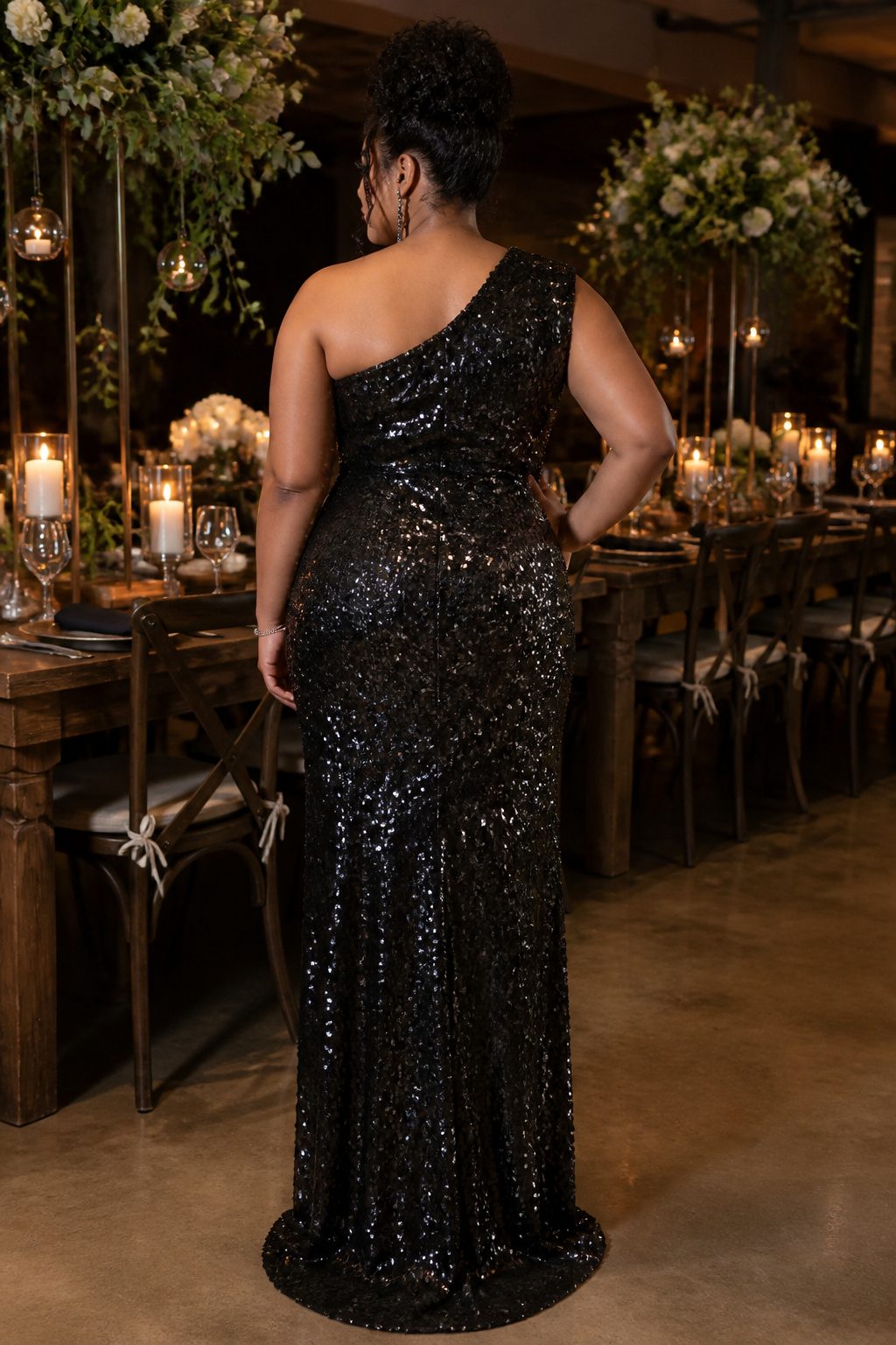 Plus Size Formal Dresses: 6 Styles for Evening & Occasion Wear 1 A black one-shoulder sequin maxi dress displayed on a mannequin.
