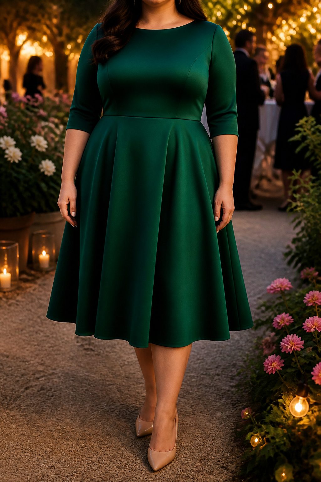 Plus Size Formal Dresses: 6 Styles for Evening & Occasion Wear 2 A plus size midi dress with an A-line skirt and three-quarter sleeves.