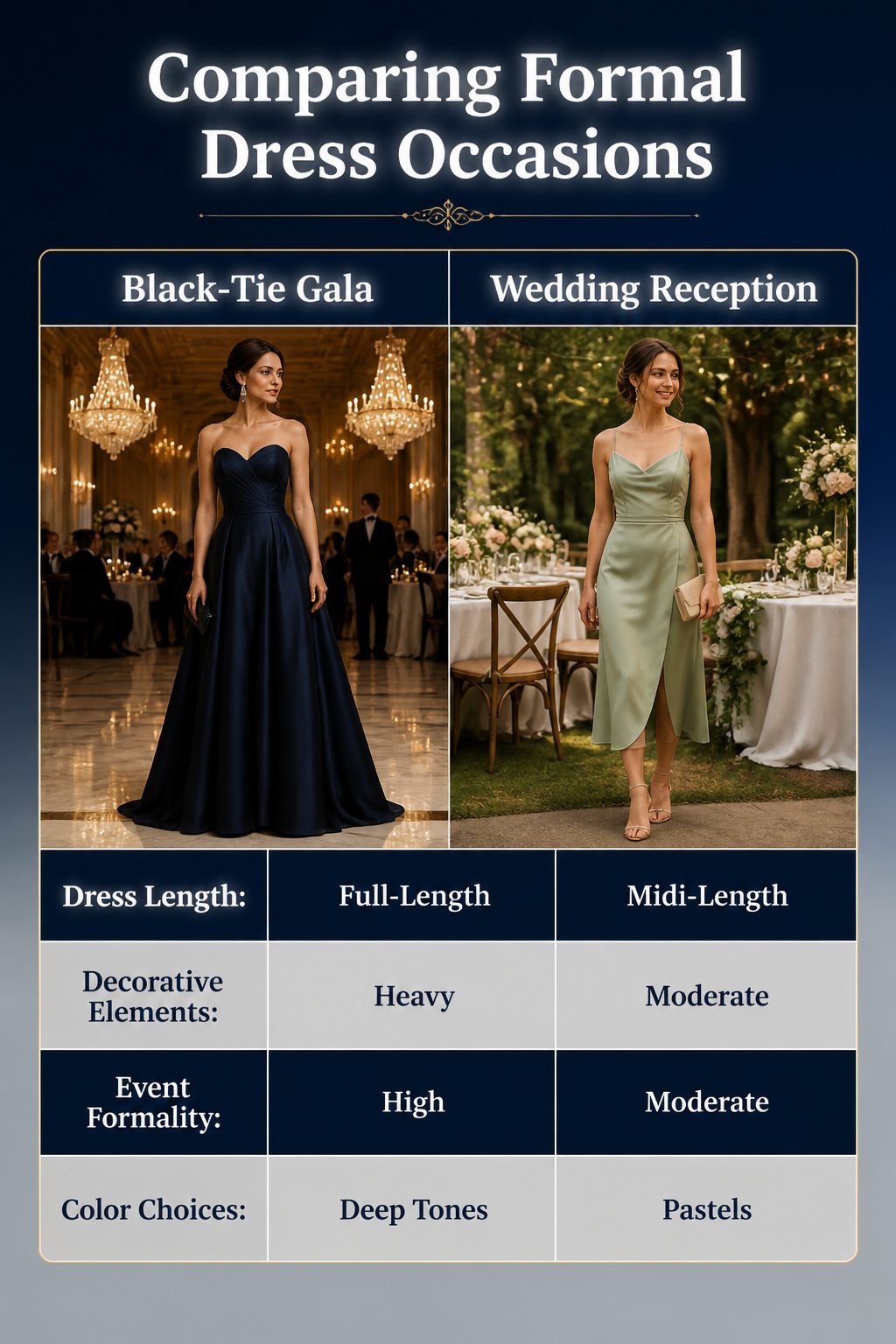 Plus Size Formal Dresses: 6 Styles for Evening & Occasion Wear 8 An information image comparing formal dress occasions.