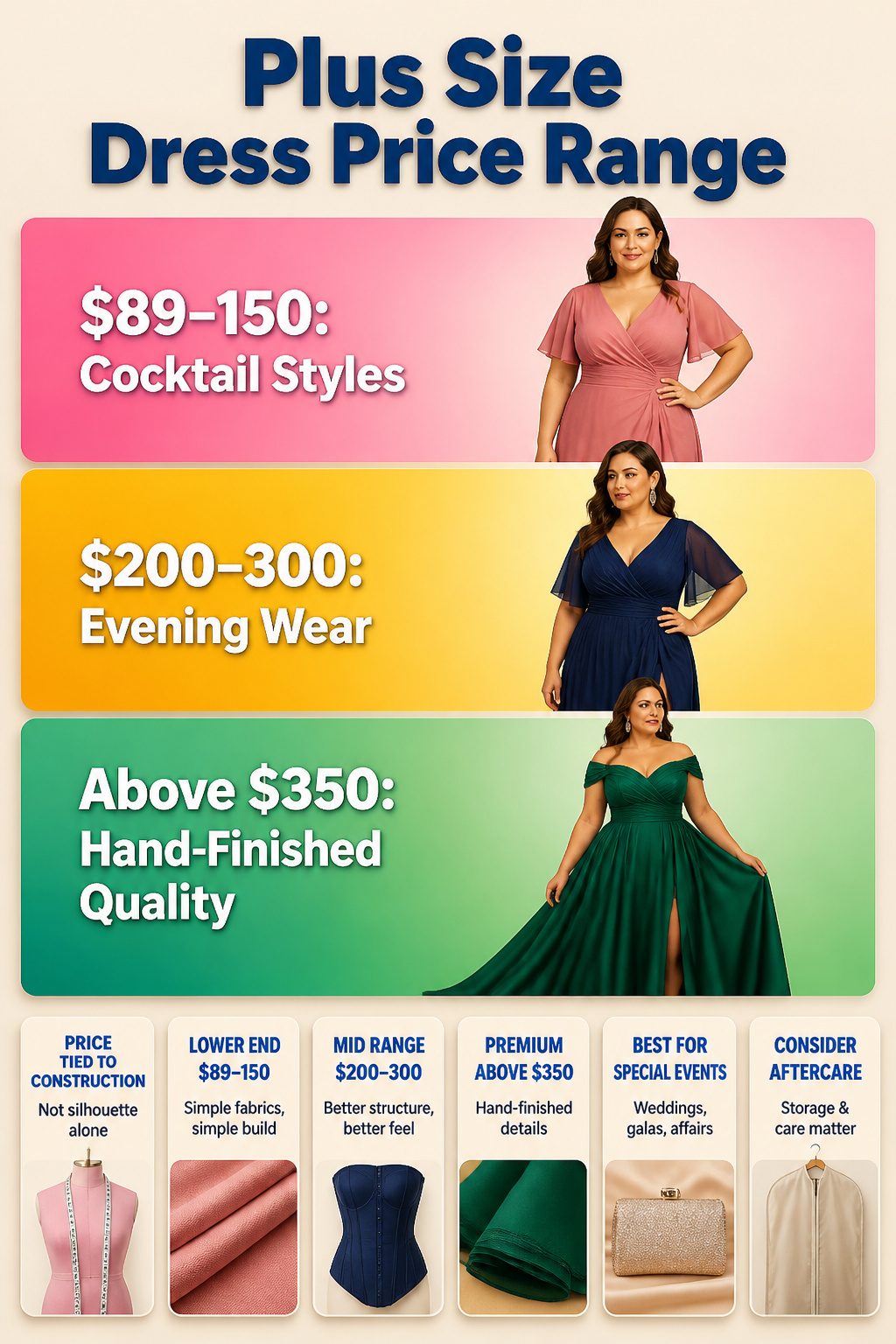 Plus Size Formal Dresses: 6 Styles for Evening & Occasion Wear 11 An information image showing the price range for plus size dresses.