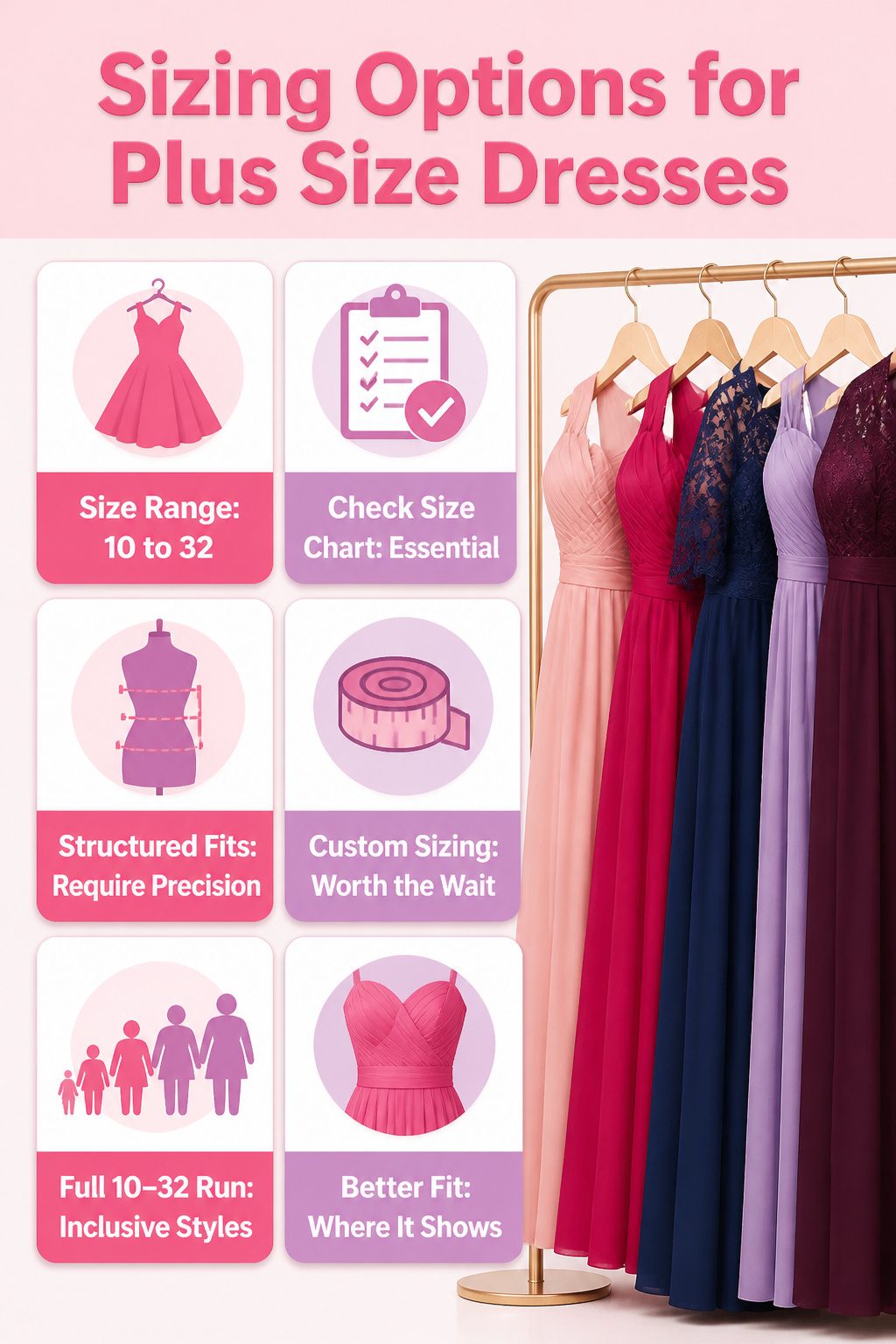 Plus Size Formal Dresses: 6 Styles for Evening & Occasion Wear 7 An information image detailing sizing options for plus size dresses.