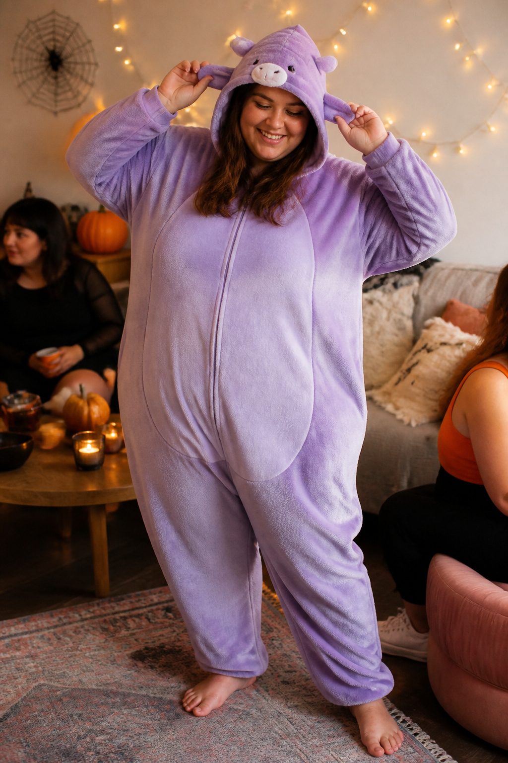 Plus-size model in an animal onesie costume surrounded by decorations.