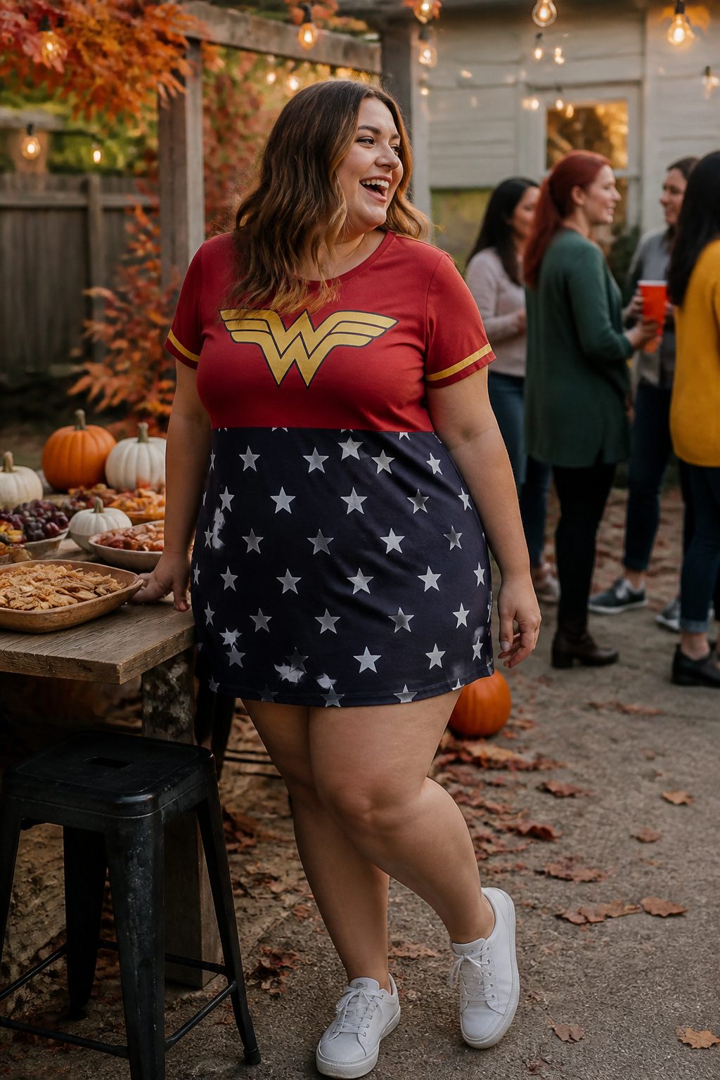 Plus-size model in a Wonder Woman t-shirt dress in a backyard.