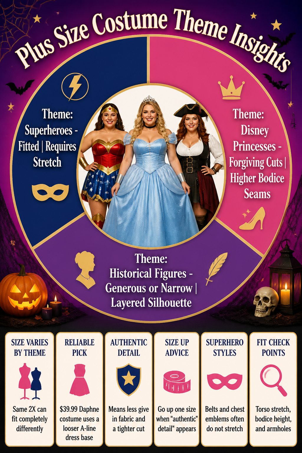 Graphic outlining different plus-size Halloween costume themes.