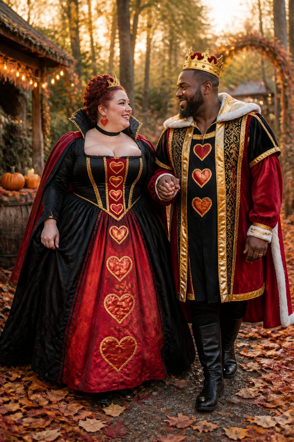 Plus-size couple in matching King and Queen of Hearts costumes outdoors.