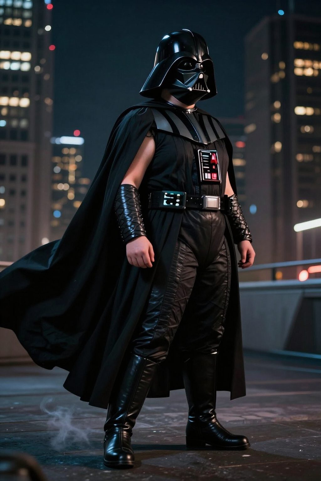 Plus-size model in a Darth Vader costume in an urban nighttime setting.