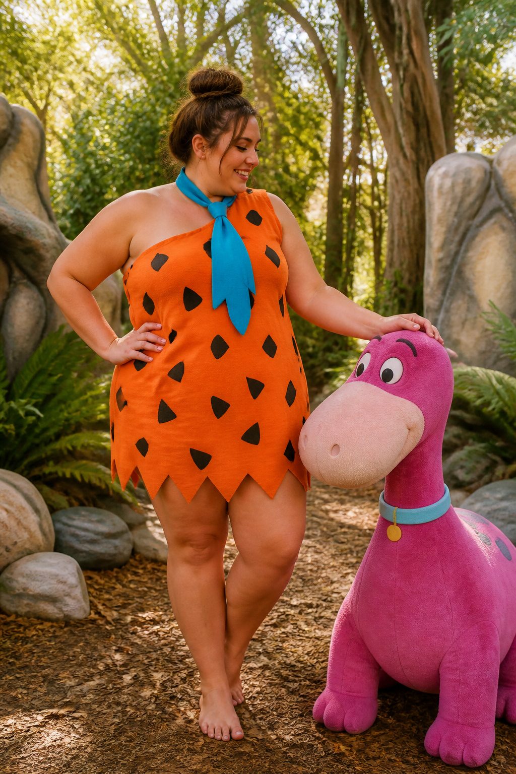 Plus-size model in an orange Fred Flintstone costume with playful accessories.