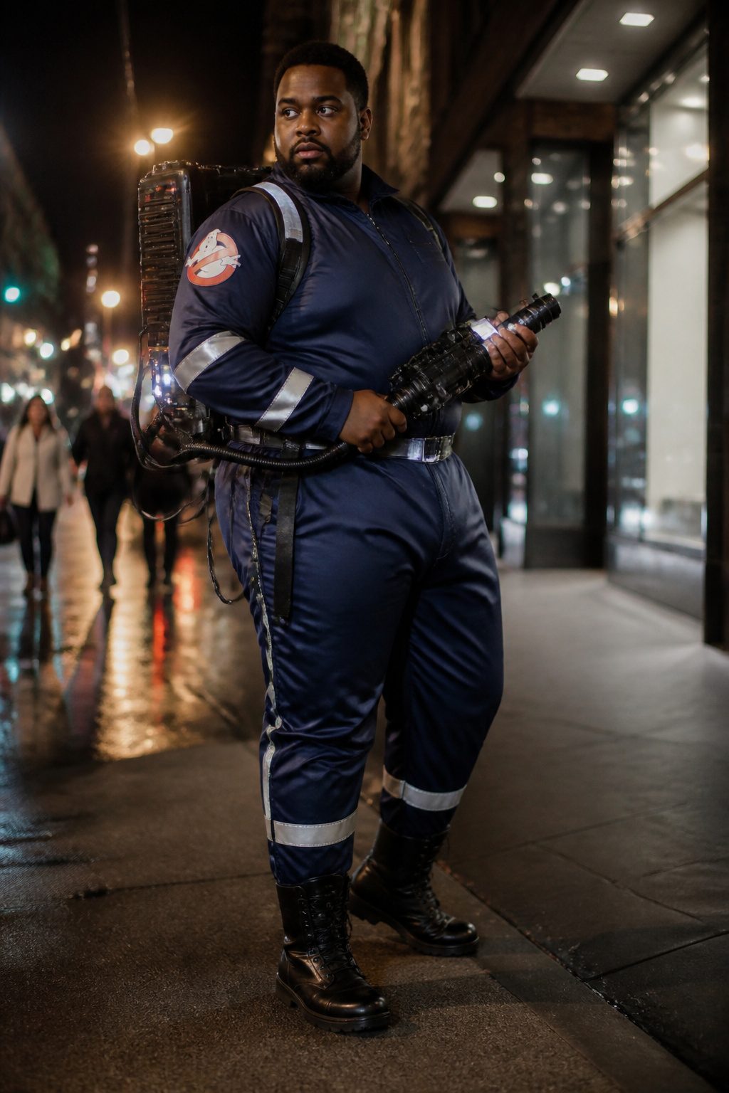Plus-size man in a Ghostbusters jumpsuit with reflective striping.