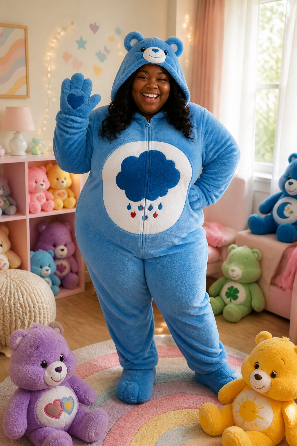 Plus-size model in a Grumpy Bear costume in a playful nursery.