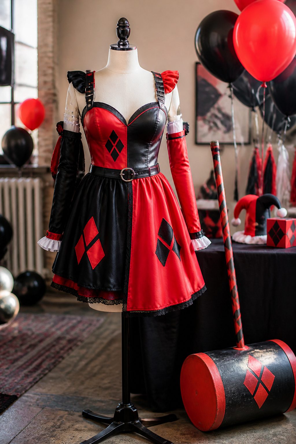 Plus-size Harley Quinn costume displayed against a playful party backdrop.