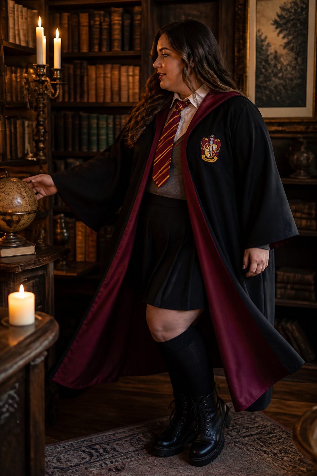 Plus-size model in a Hermione Gryffindor robe in an enchanting library.