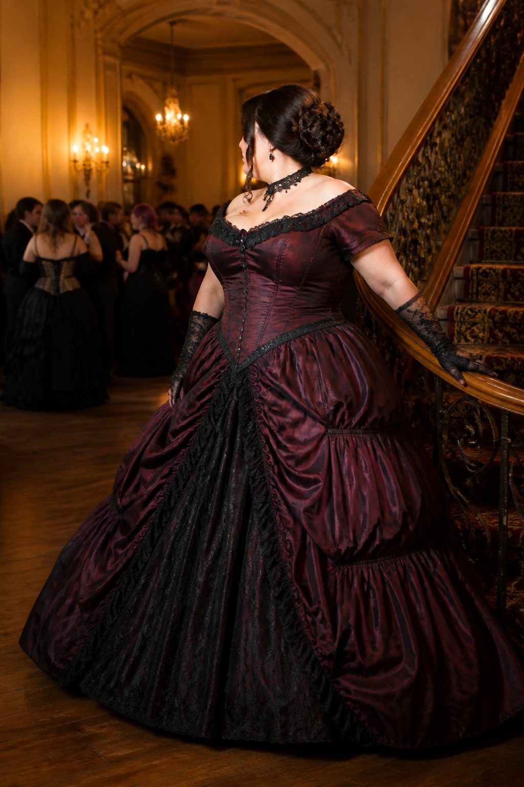 Plus-size model in a historical costume with an intricately designed bodice.