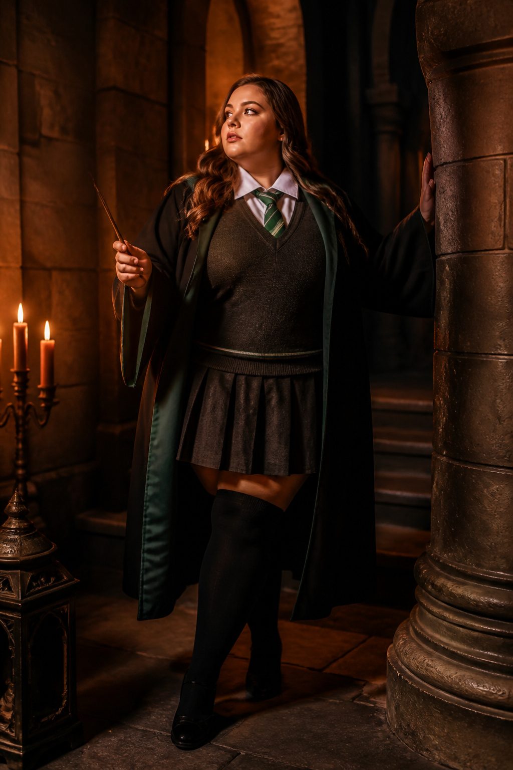 Plus-size model in a movie-themed costume with dramatic lighting.