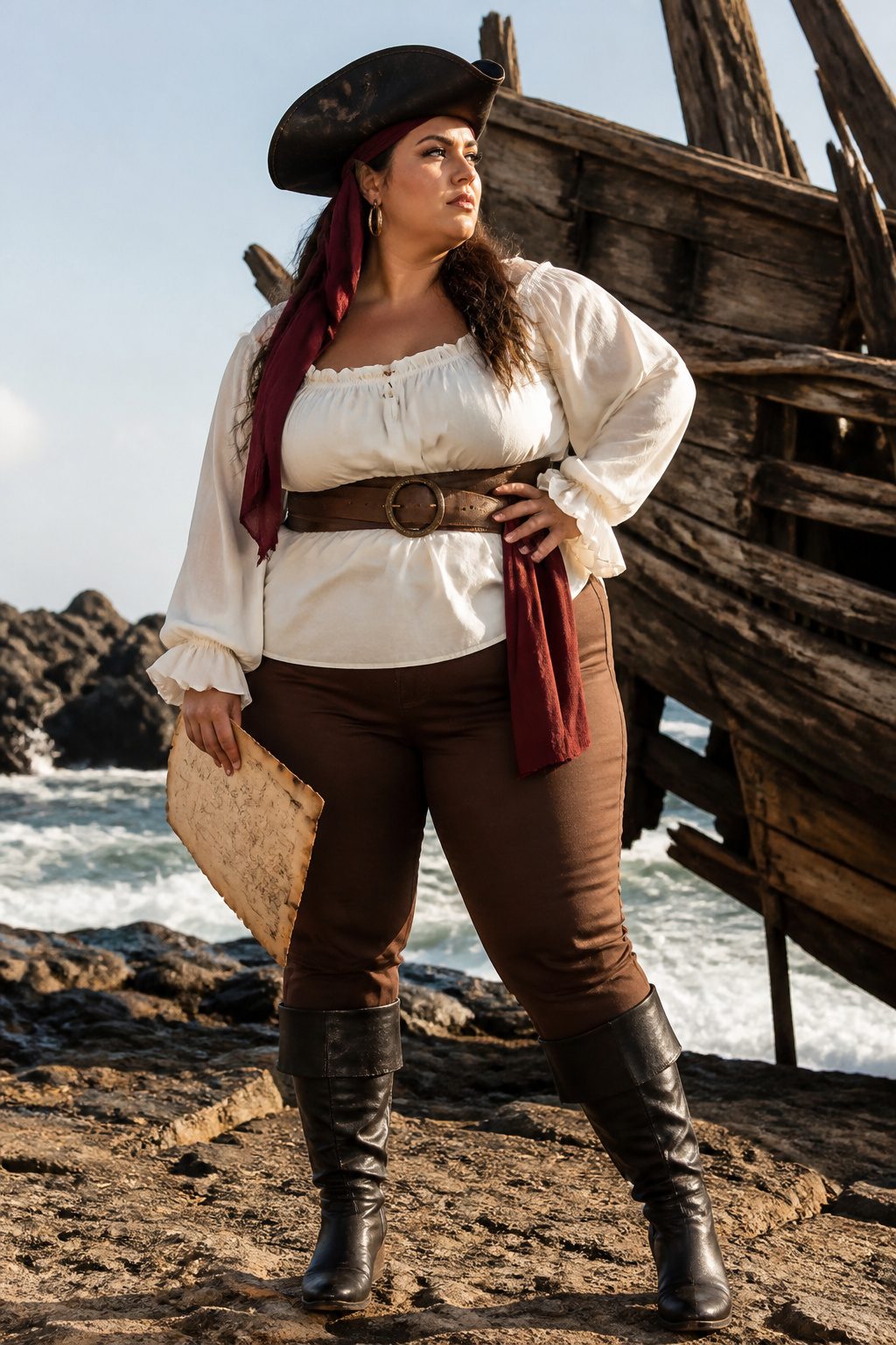 Plus-size model in a pirate costume against a scenic beach backdrop.
