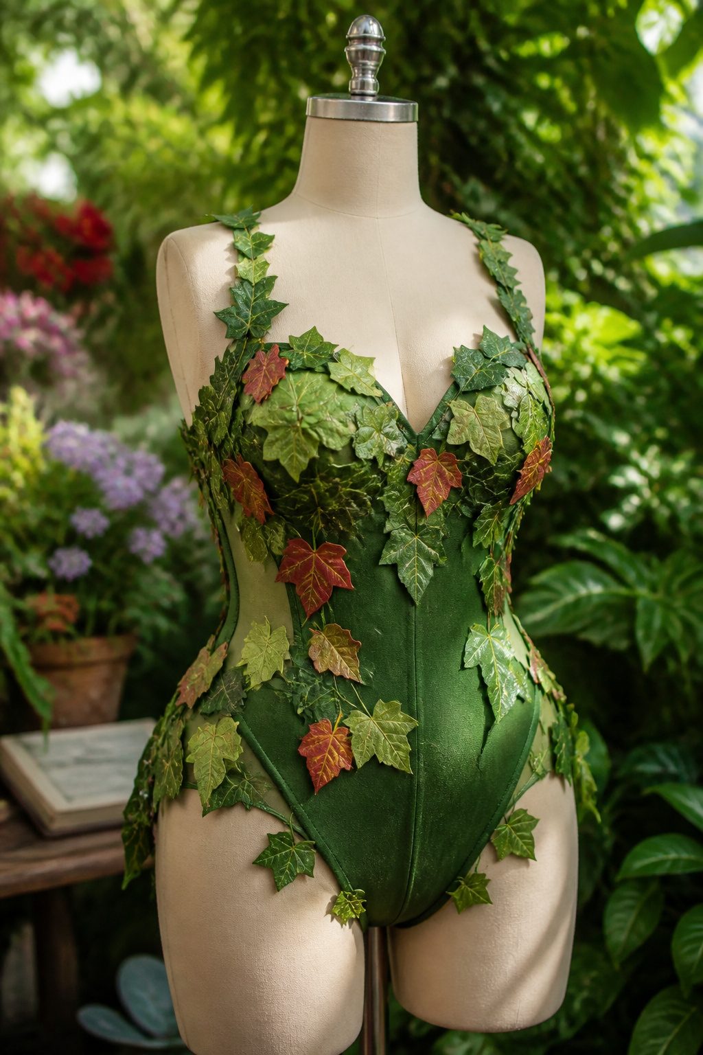 Plus-size Poison Ivy costume with intricate leaf appliqués on a mannequin.