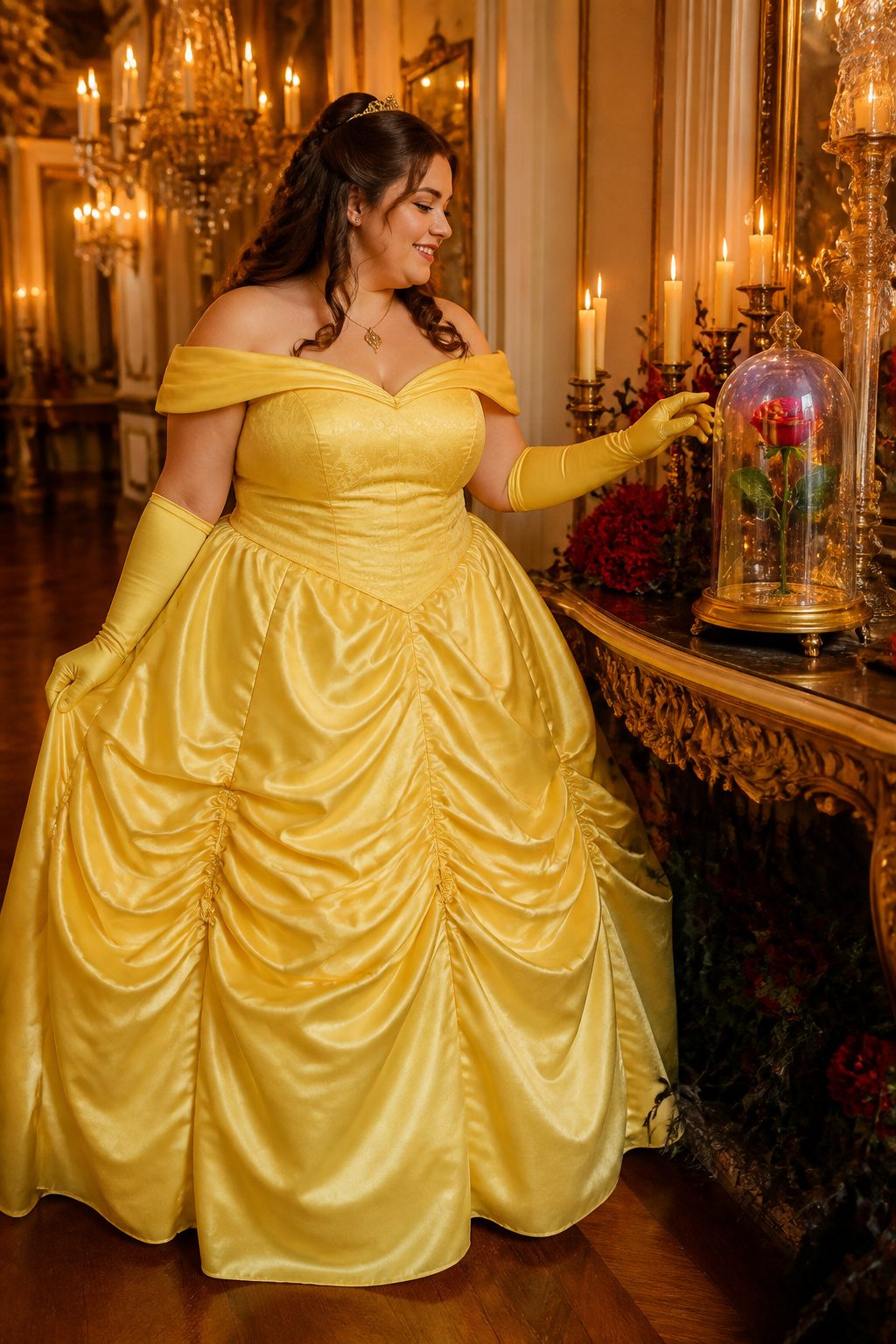 Plus-size model in a yellow Belle gown surrounded by candlelight.