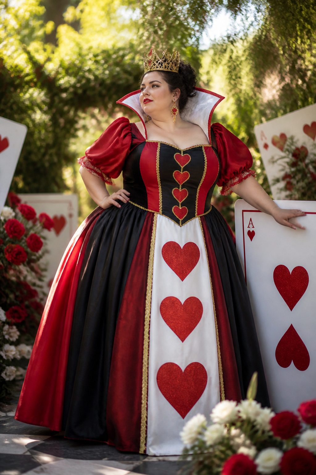 Plus-size model in a Queen of Hearts costume in a whimsical garden.