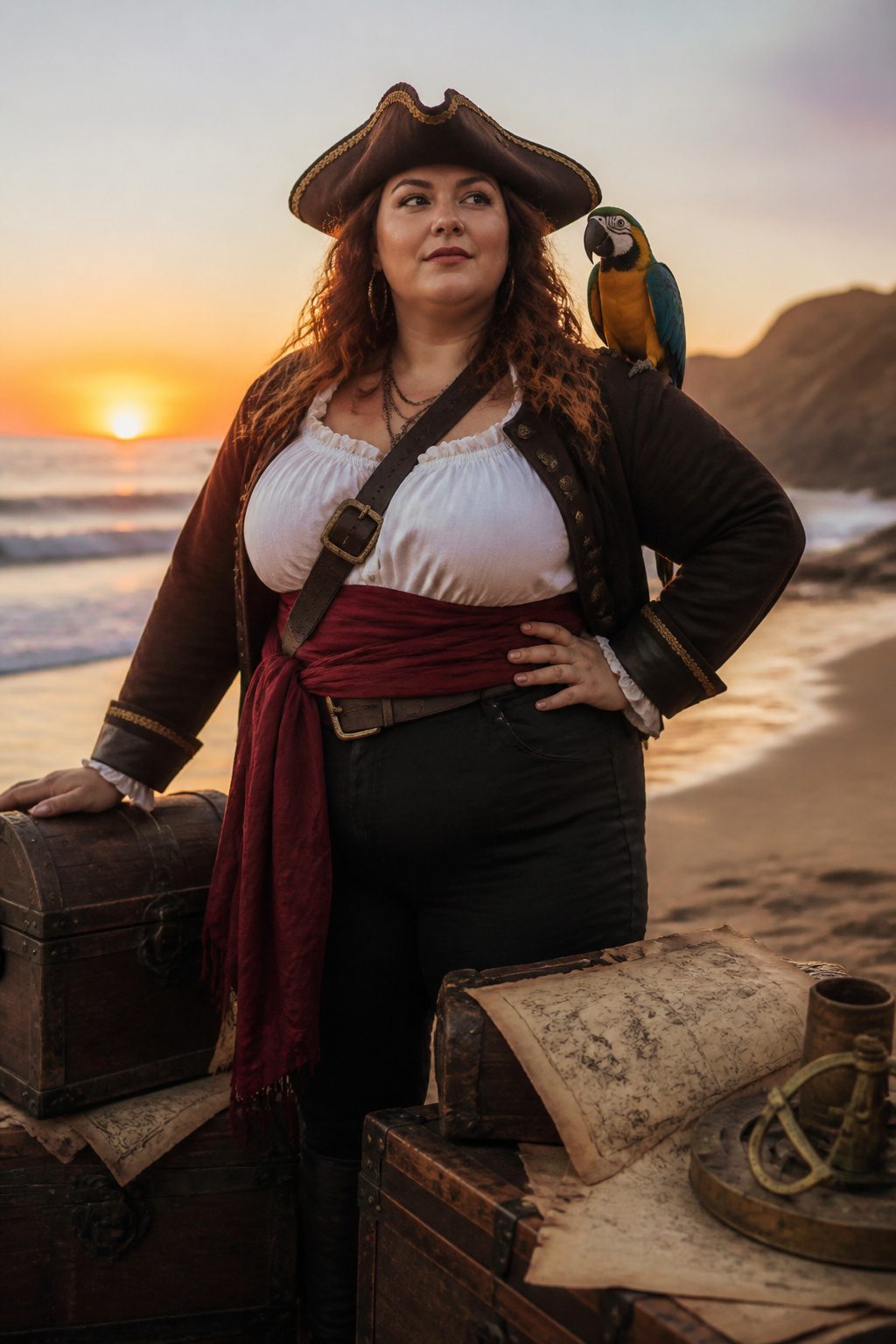 Plus-size model in a pirate costume at a beach during sunset.