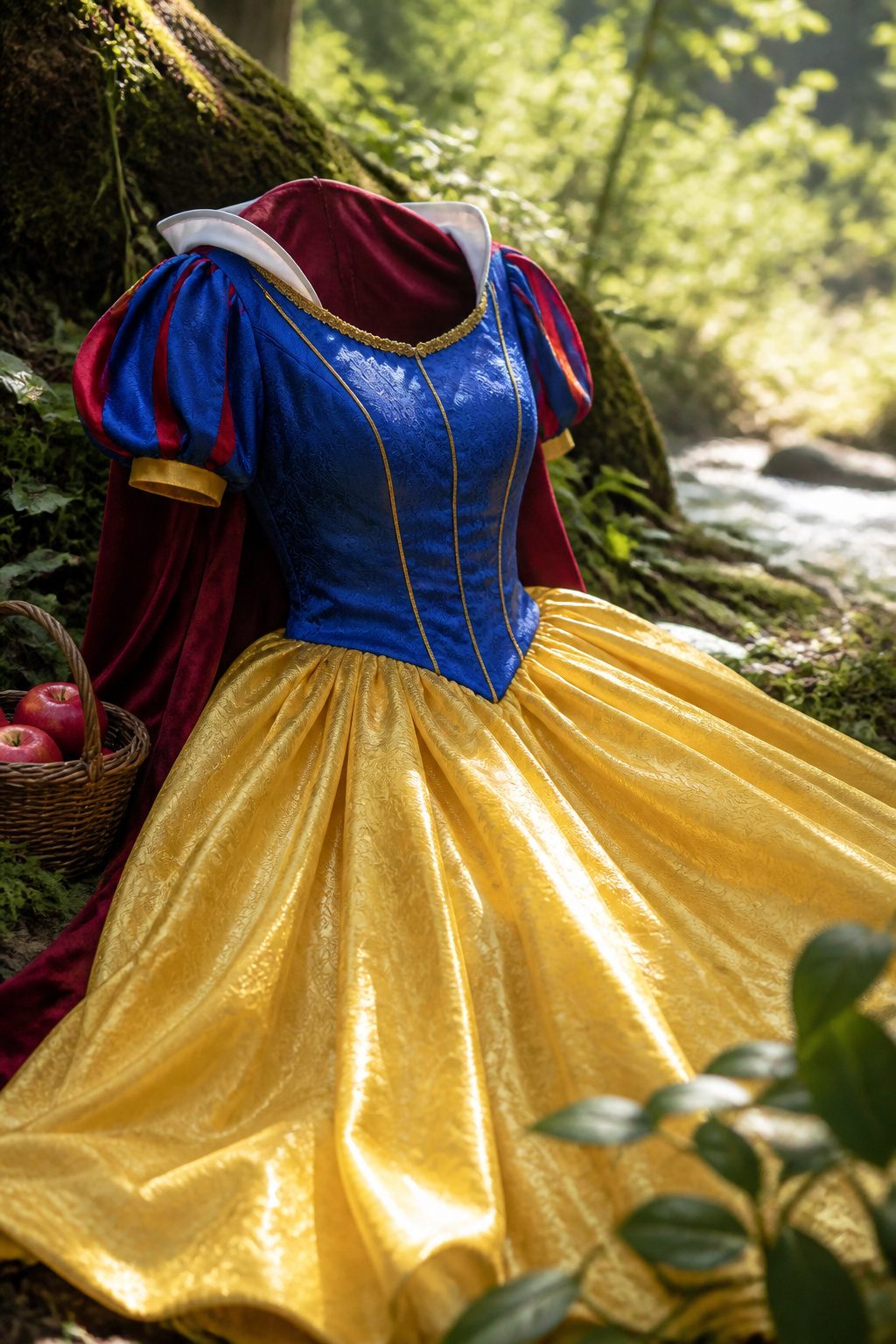 Close-up of a plus-size Snow White costume with vibrant colors.