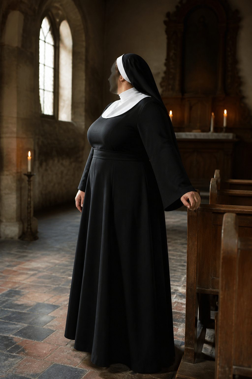 Plus-size model wearing a traditional nun costume with a long black tunic.