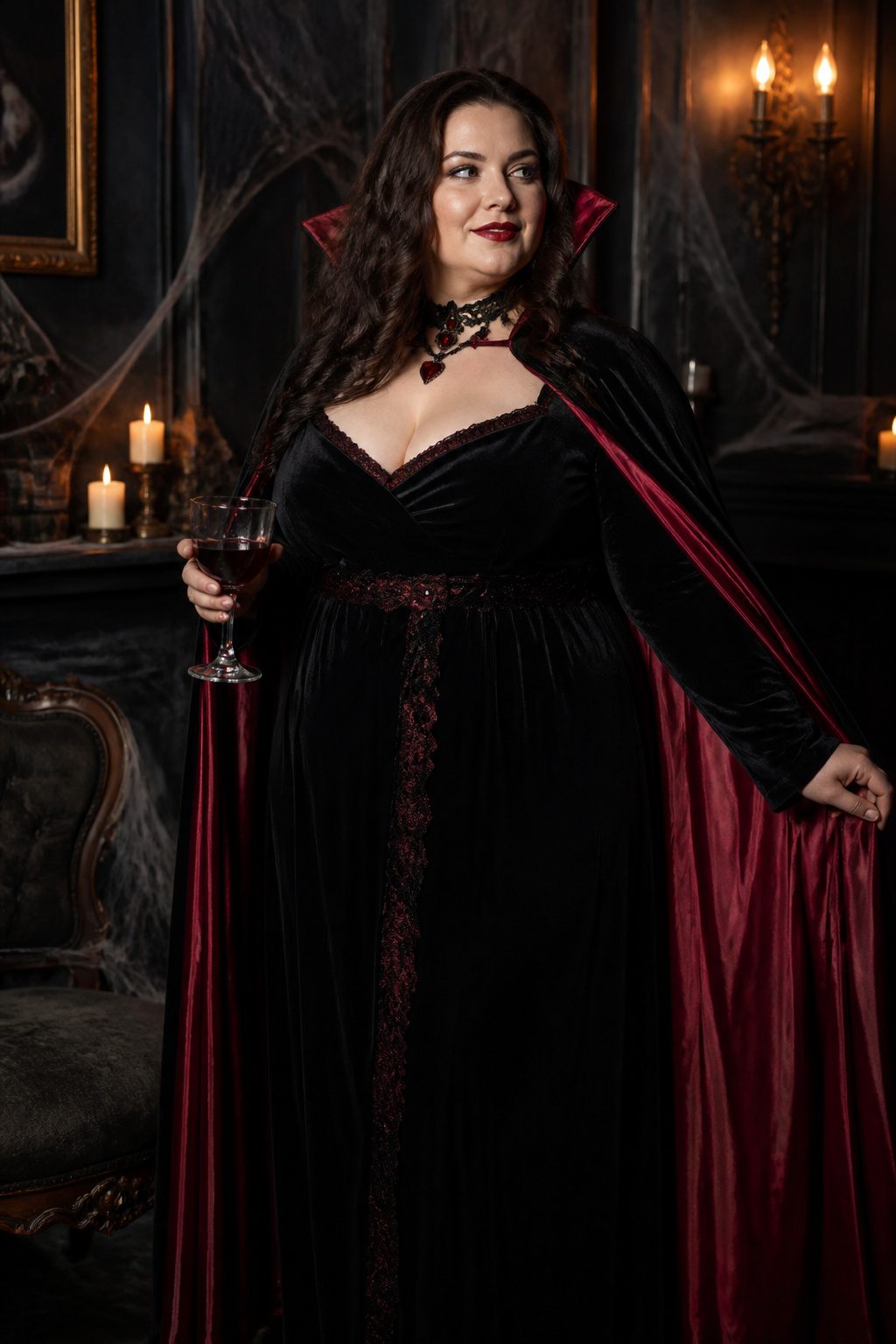 Plus-size model in a vampire costume with a flowing cape.