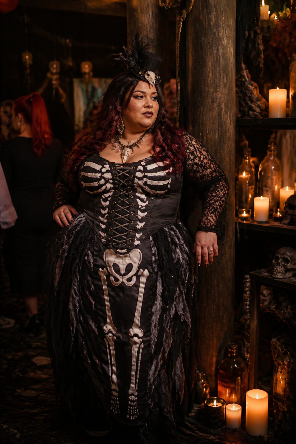 Plus-size woman in a voodoo magic costume surrounded by candles.
