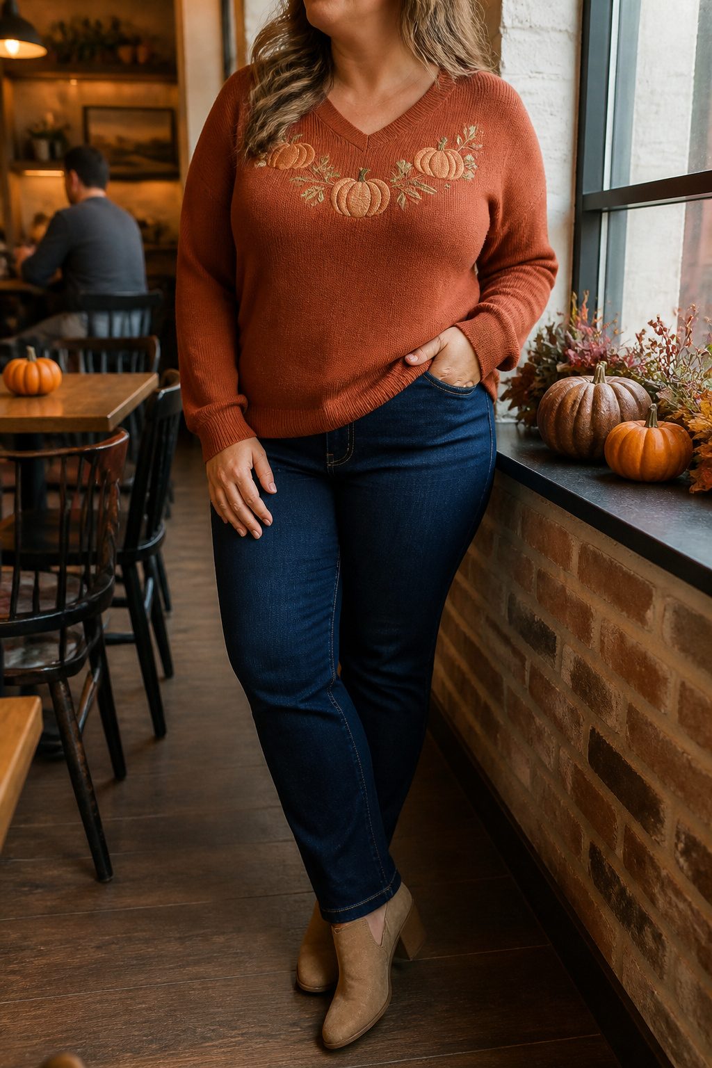 Plus Size Outfit Ideas for Women: Dresses, Tops, Bottoms & More 2 A model in a pumpkin embroidered V neck sweater at a coffee shop.