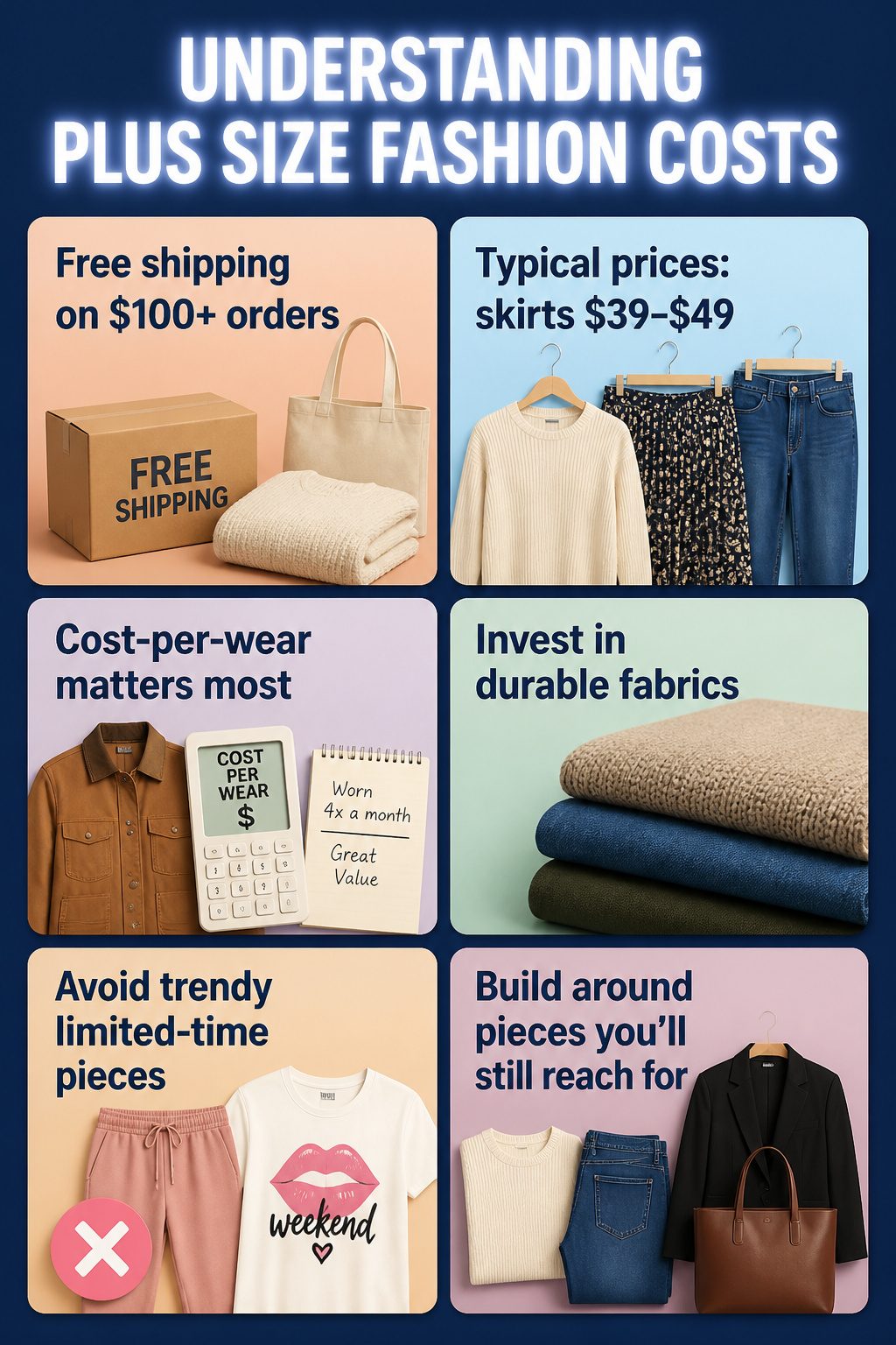 Plus Size Outfit Ideas for Women: Dresses, Tops, Bottoms & More 8 An infographic about plus size fashion costs and budgeting.