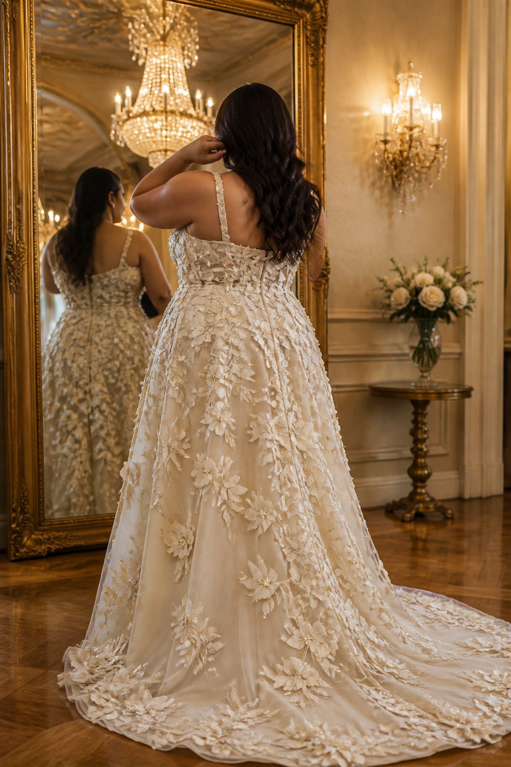 A plus-size prom dress adorned with floral appliques.