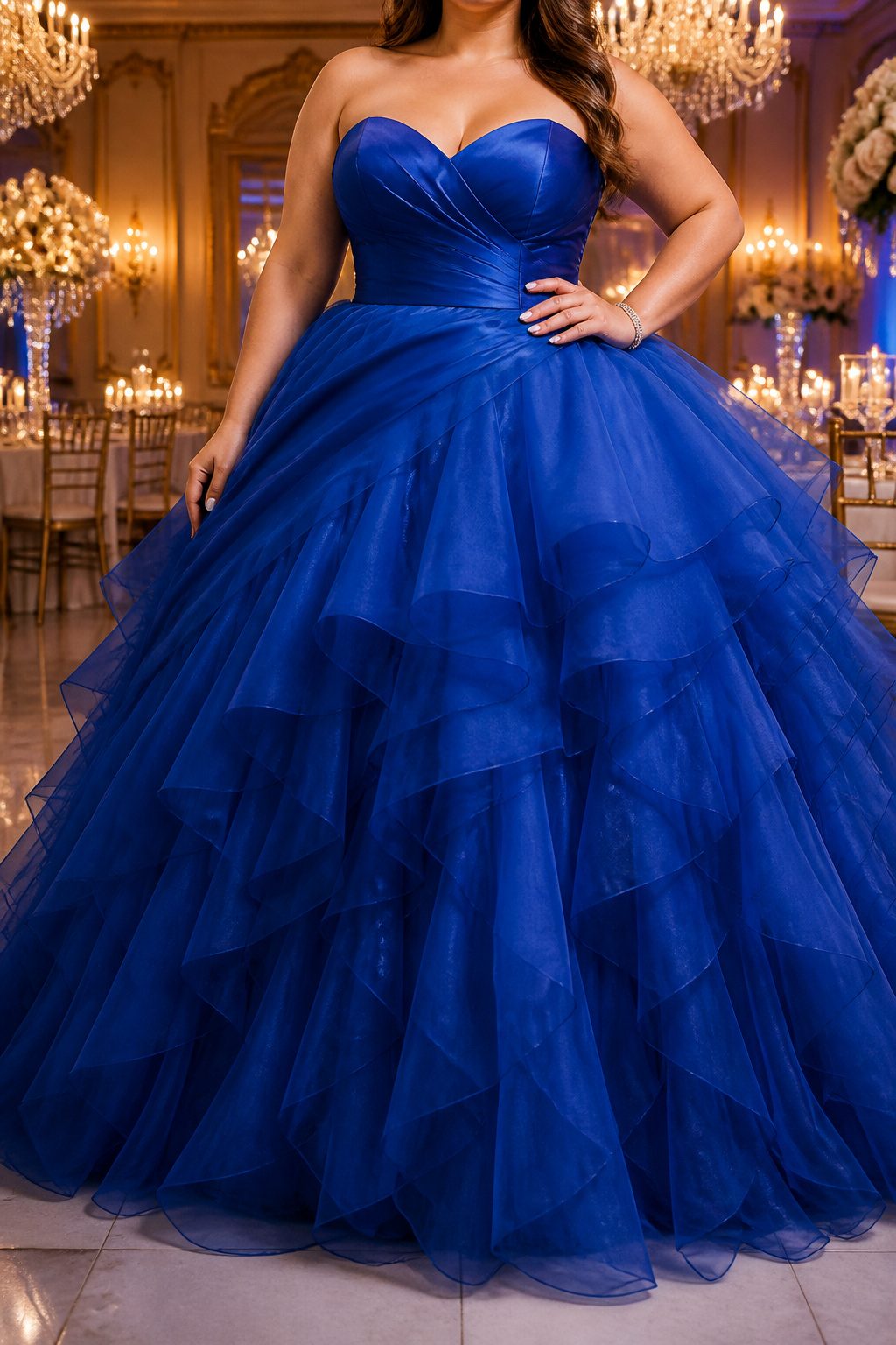 A ball gown with a fitted bodice and a full skirt.
