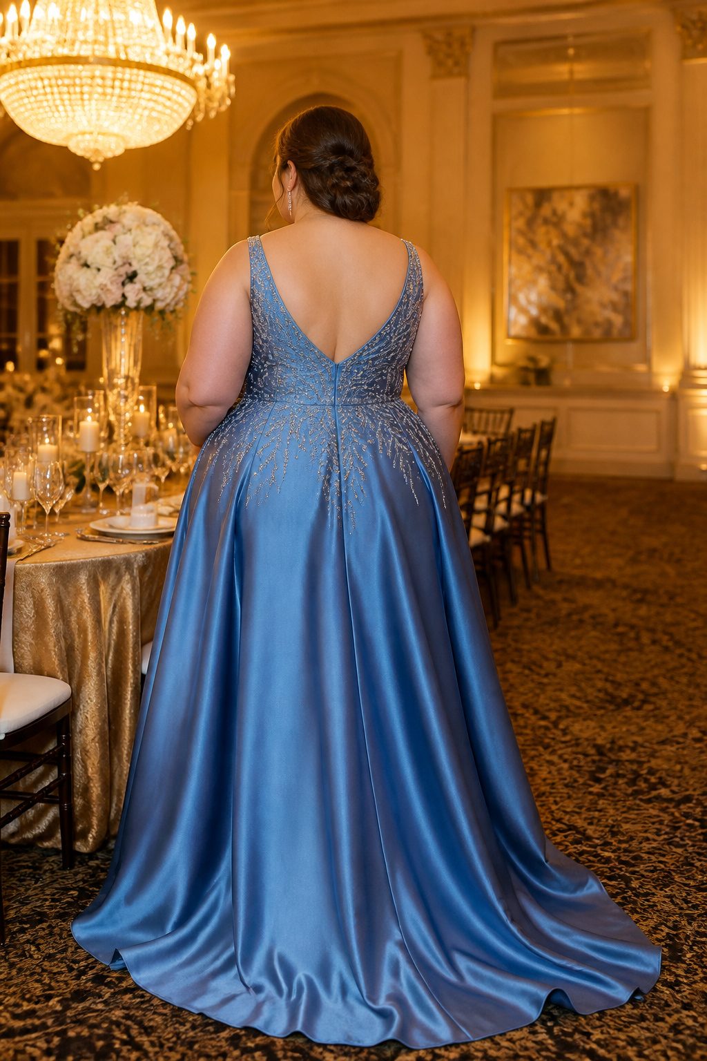 A beaded plus-size prom dress that sparkles in a banquet hall.