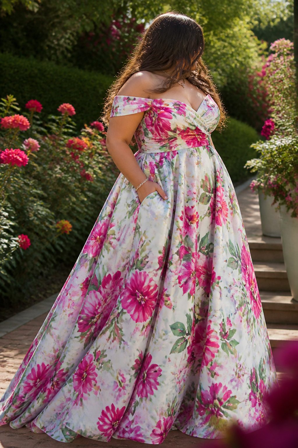 A floral plus-size prom dress in a vibrant print.