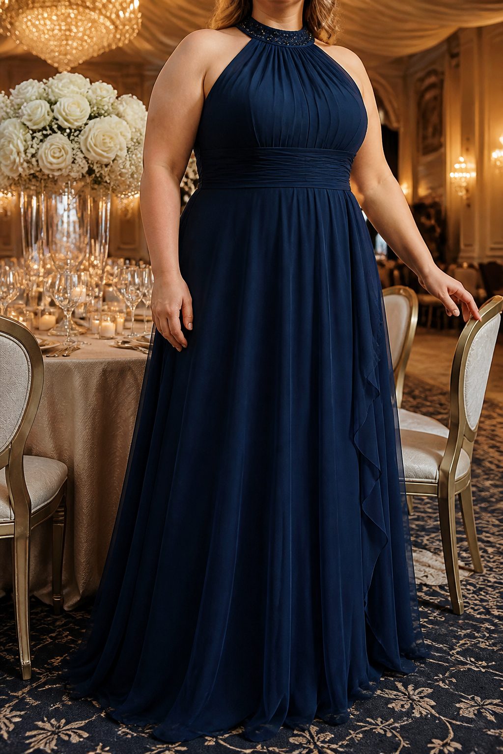 A high-neck plus-size prom dress in deep navy.