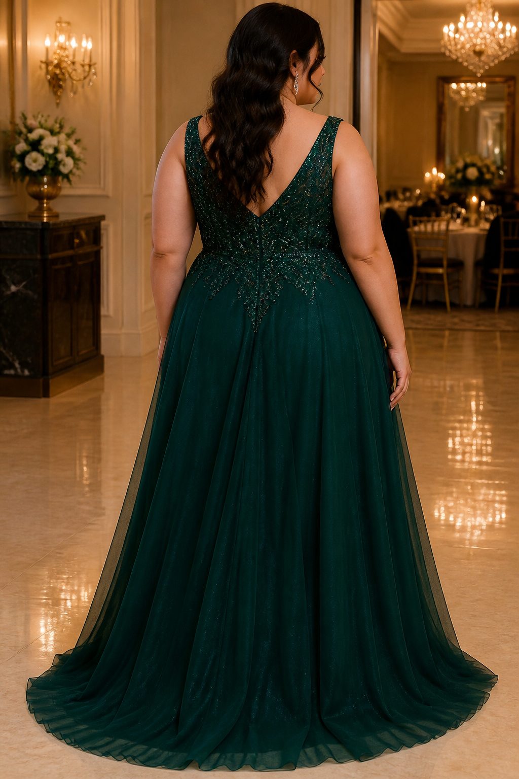 A floor-length plus-size prom dress skimming the shoe.