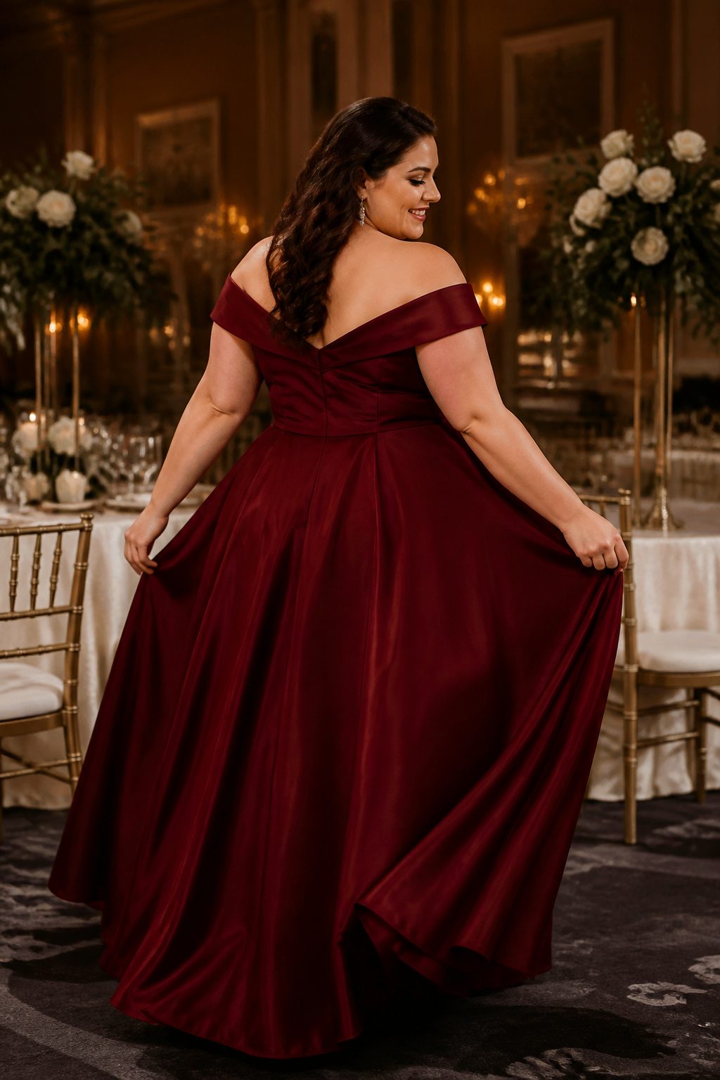 A model wearing an off-the-shoulder plus-size prom dress.